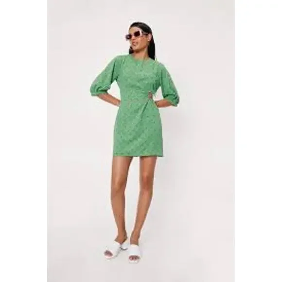 Nasty Gal green Floral Print Cut Out Puff Sleeve Mini Dress Size 8 - Picture 3 of 11